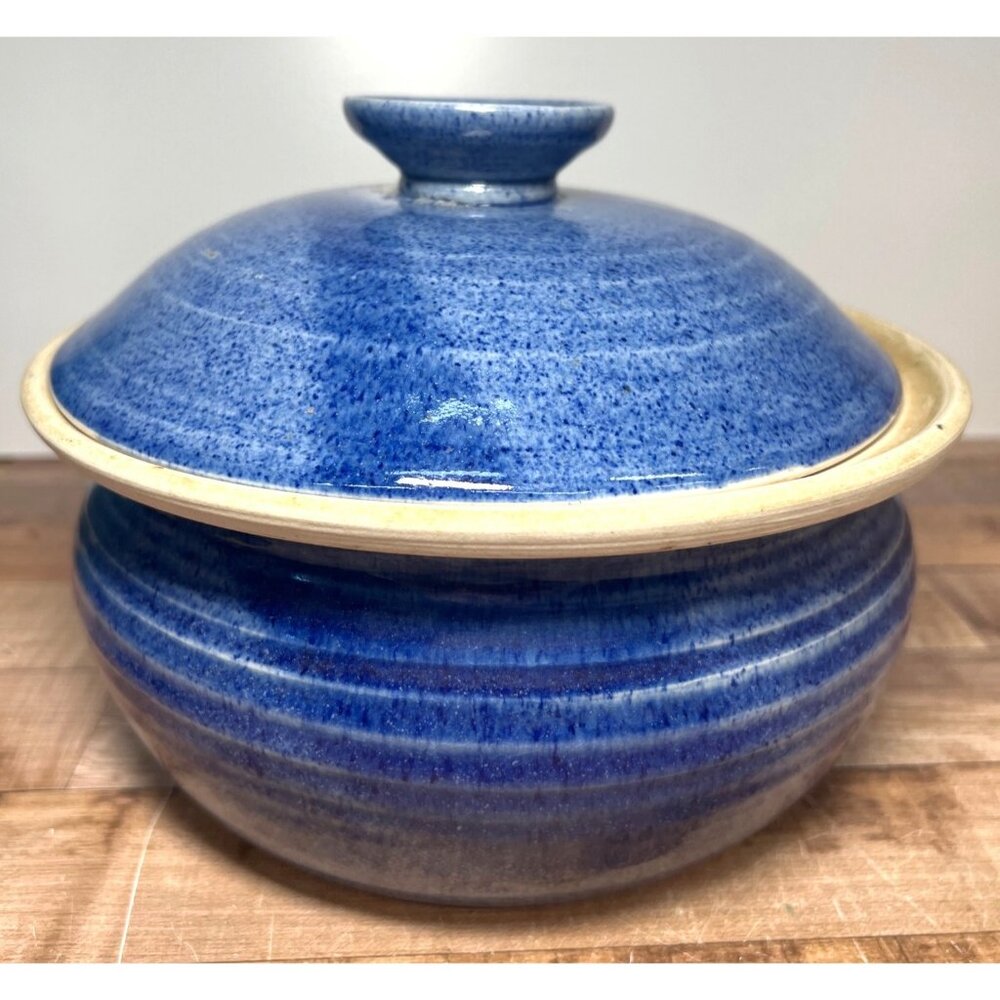 Blue Speckled Pottery Apple Baker, Round Apple Baking Dish, Signed by Maker